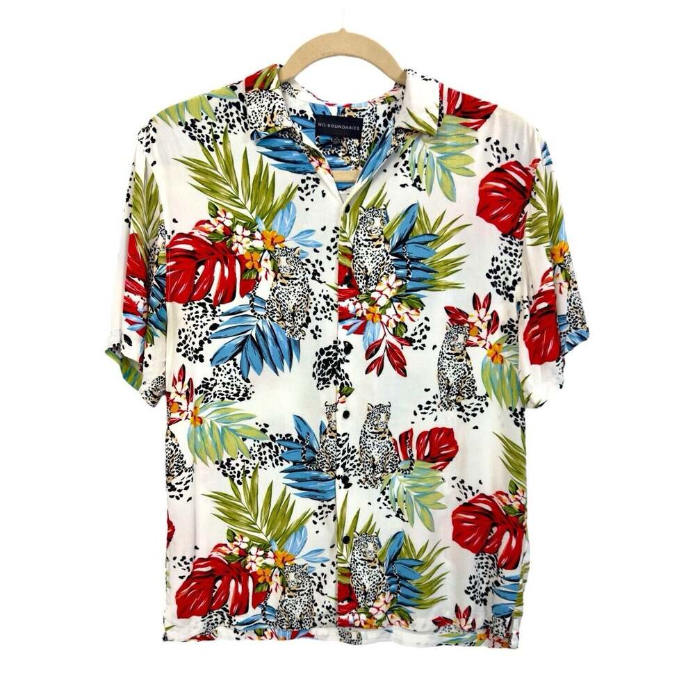 Leopard Tropical Floral Rayon Hawaiian Camp Shirt M Y2K Grunge Tropical Casual